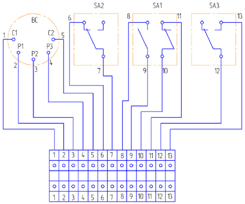 Электрическая схема соединений командоаппарата (состояние контактов выключателей SA1, SA2, SA3 соответствует нулевому положению рукоятки командоаппарата)