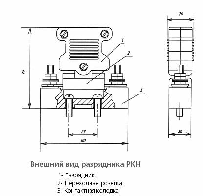 "Схема конструкции и габаритных размеров разрядника РКН-900"