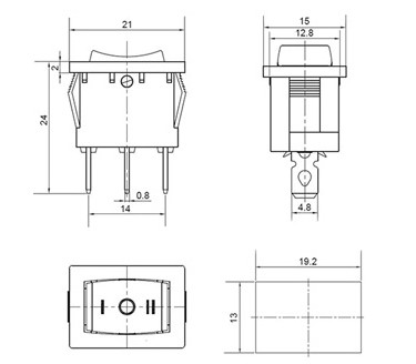 Схема габаритных размеров переключателя KCD1-2-103 B/B